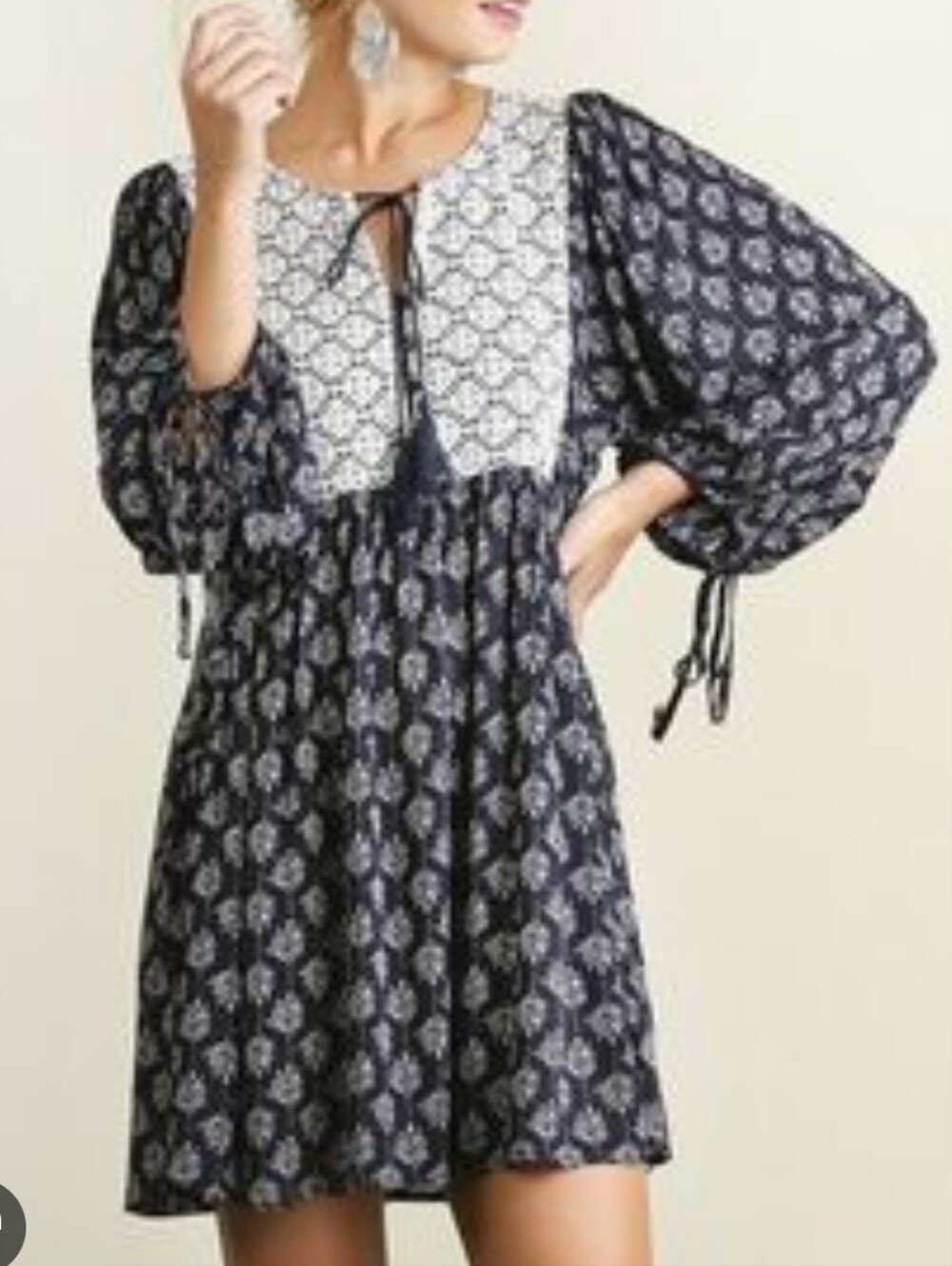 NWT Umgee Mini Dress Balloon Sleeves Lace Bodice Blue Women's Size Large